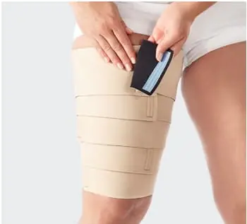 Elastic thigh unit wrap to relieve upper leg and thigh pain and swelling.